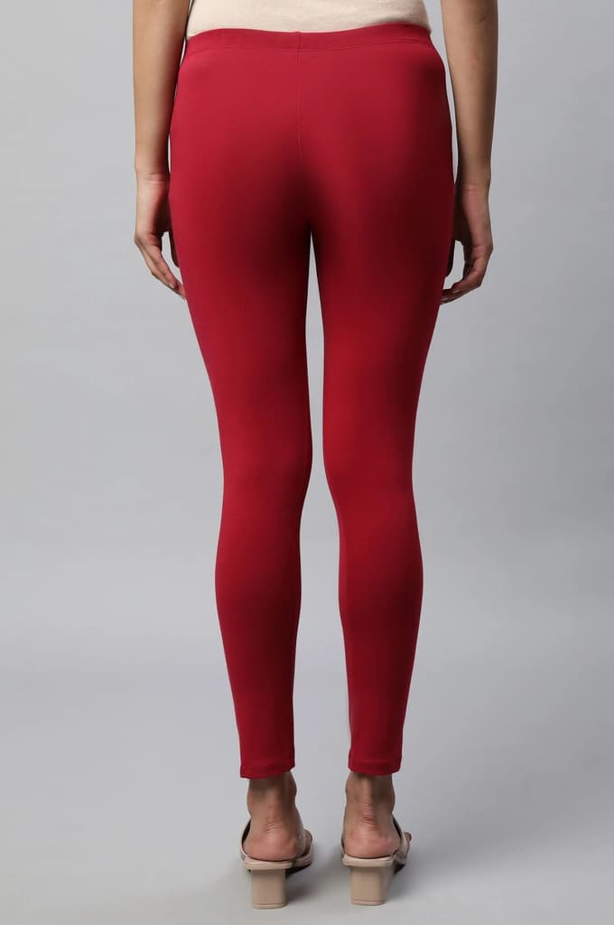 Red Solid Skinny Fit Cotton Tights With Slip On Closure — photo 2