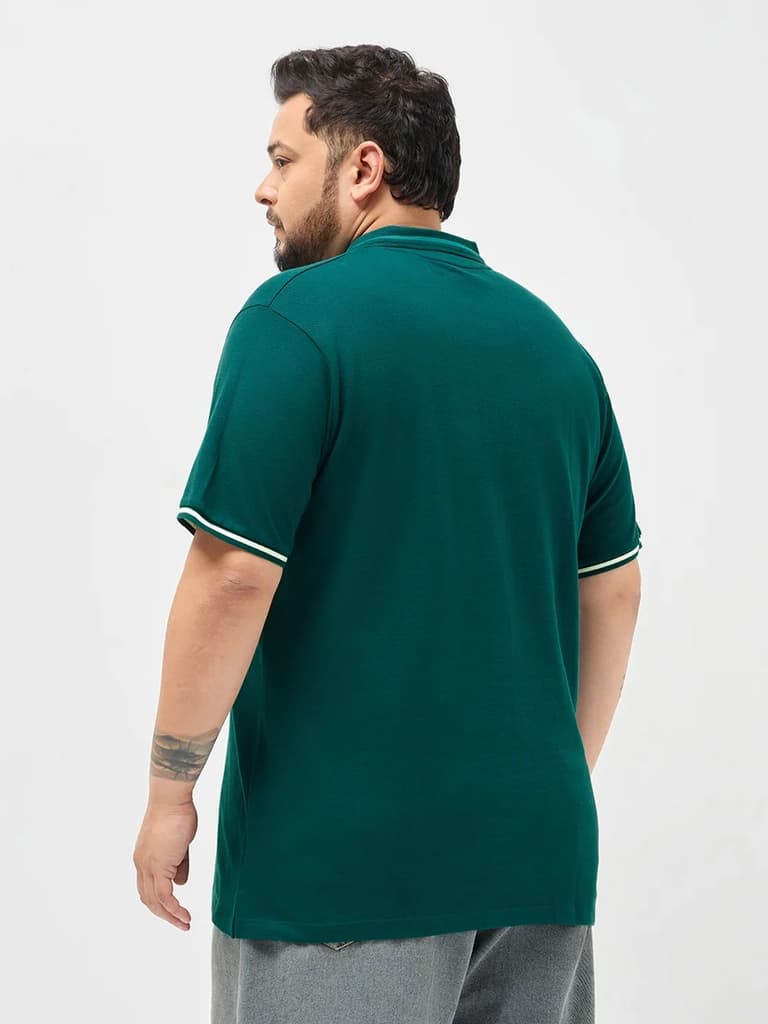 Plus Men's Teal Green Solid Regular Fit Half Sleeve Cotton Polo T-Shirt — photo 3