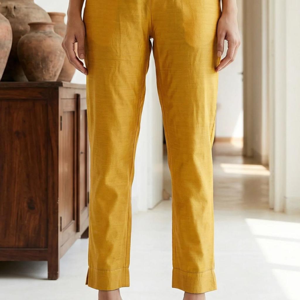 Mustard Solid Chanderi Straight Fit Ankle Length Trousers