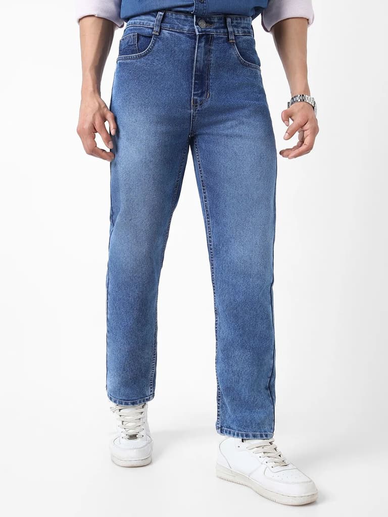 Men's Blue Straight Fit Washed Jeans Stretchable — photo 2