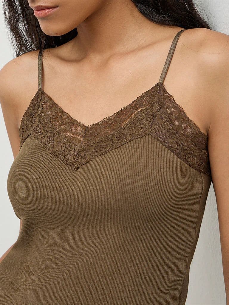 Nuon Olive Lace-Detailed Cotton-Blend Top — photo 3