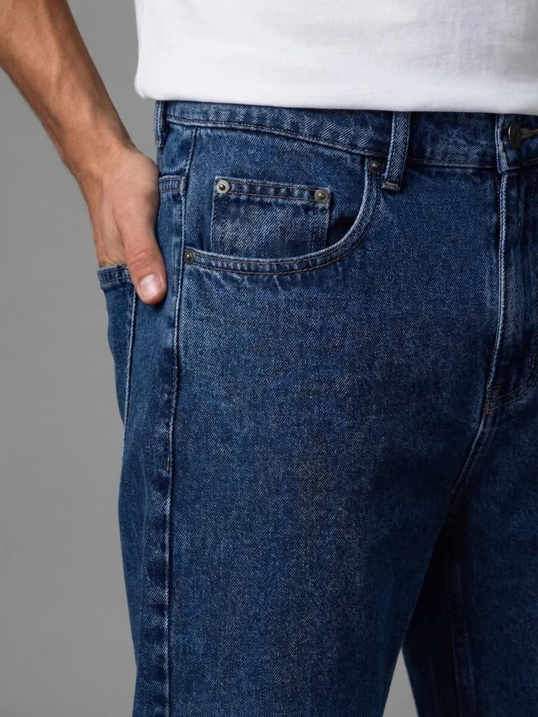 Men's Dark Blue Relaxed Fit Washed Denim Jeans Non-Stretchable — photo 6
