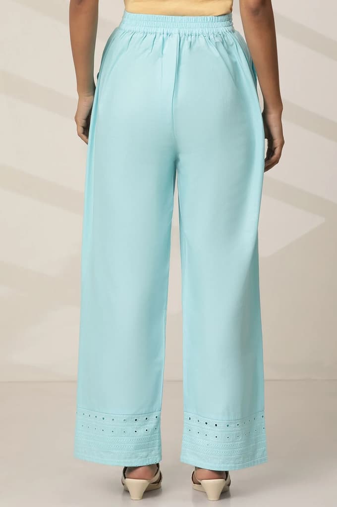 Sky Blue Embroidered Wide Leg Cotton Palazzo With Elasticated Waist — photo 4