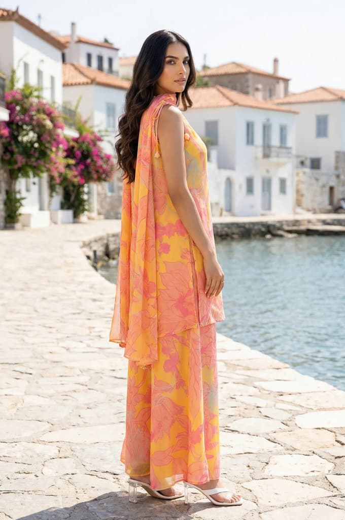 Yellow Floral Printed Tassels Straight Kurta with Flared Pants and Dupatta Set — photo 4