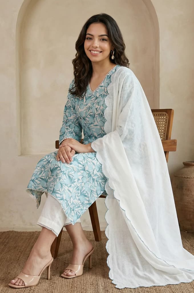 White and Green Floral Printed Kota Straight Kurta with Straight Pants and Dupatta Set — photo 3