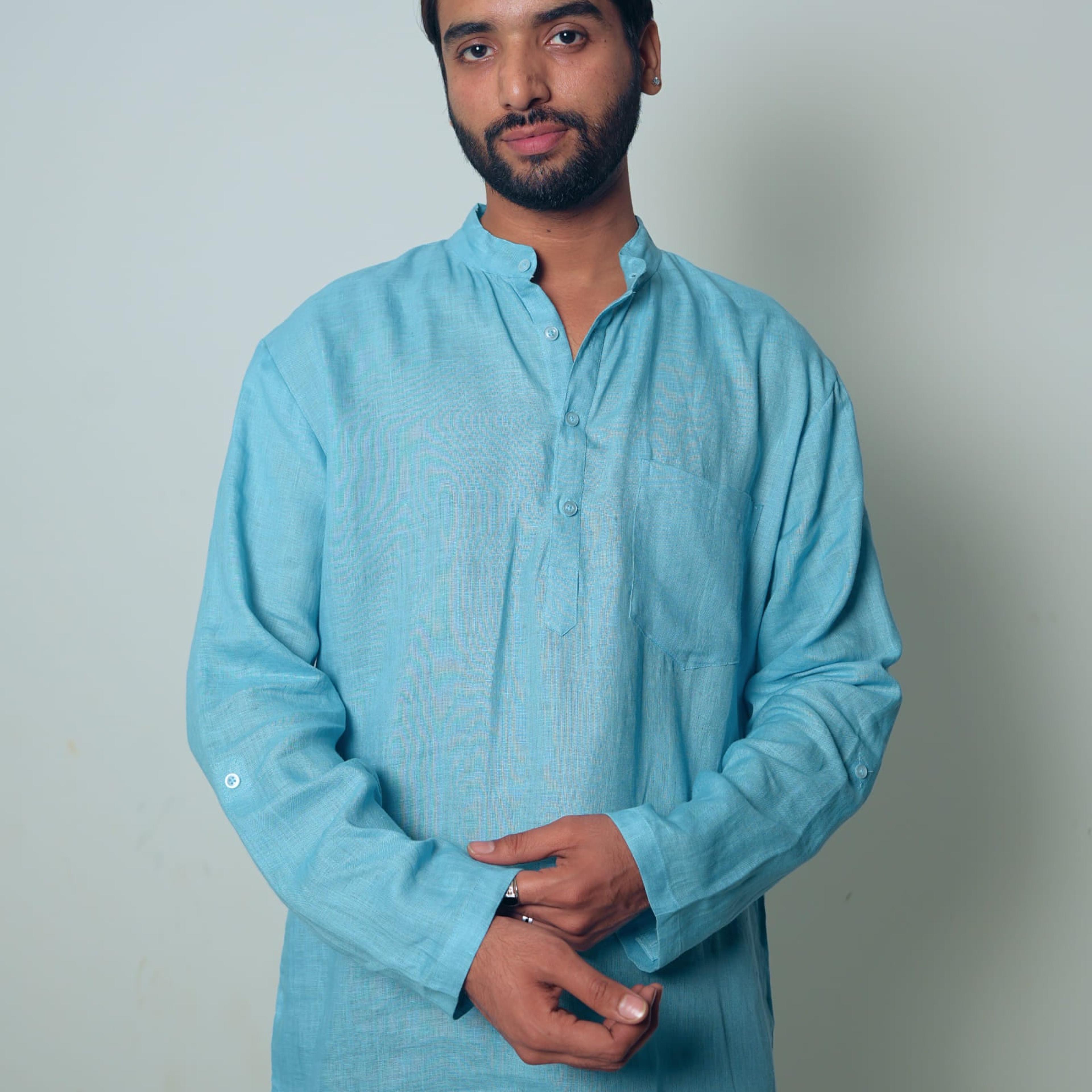 आसमानी (Aasmani) - Men Light Blue Premium Linen Short Kurta