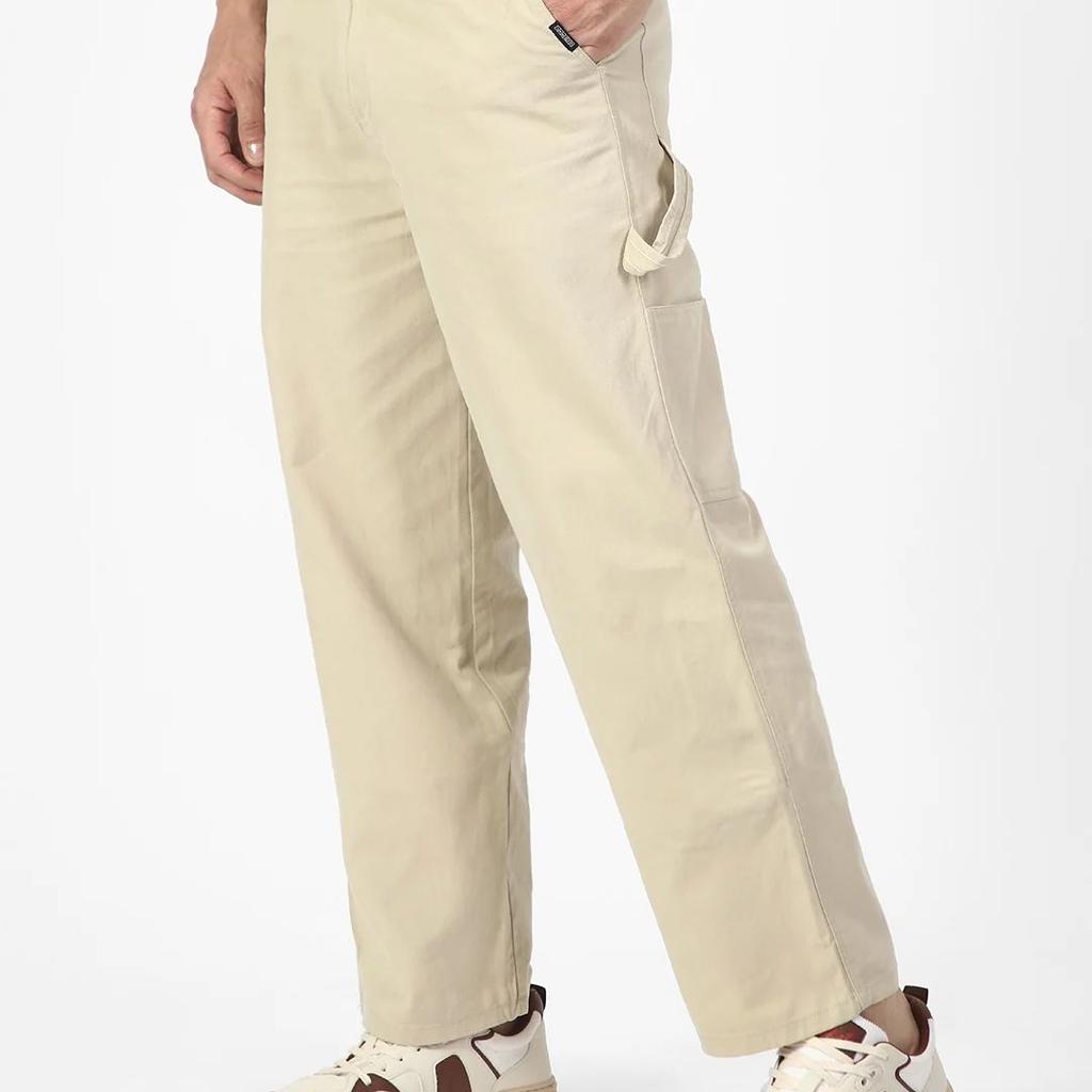 Men's Cream Loose Baggy Fit Solid Carpenter Trouser Pant with 5 Pockets Non-Stretchable