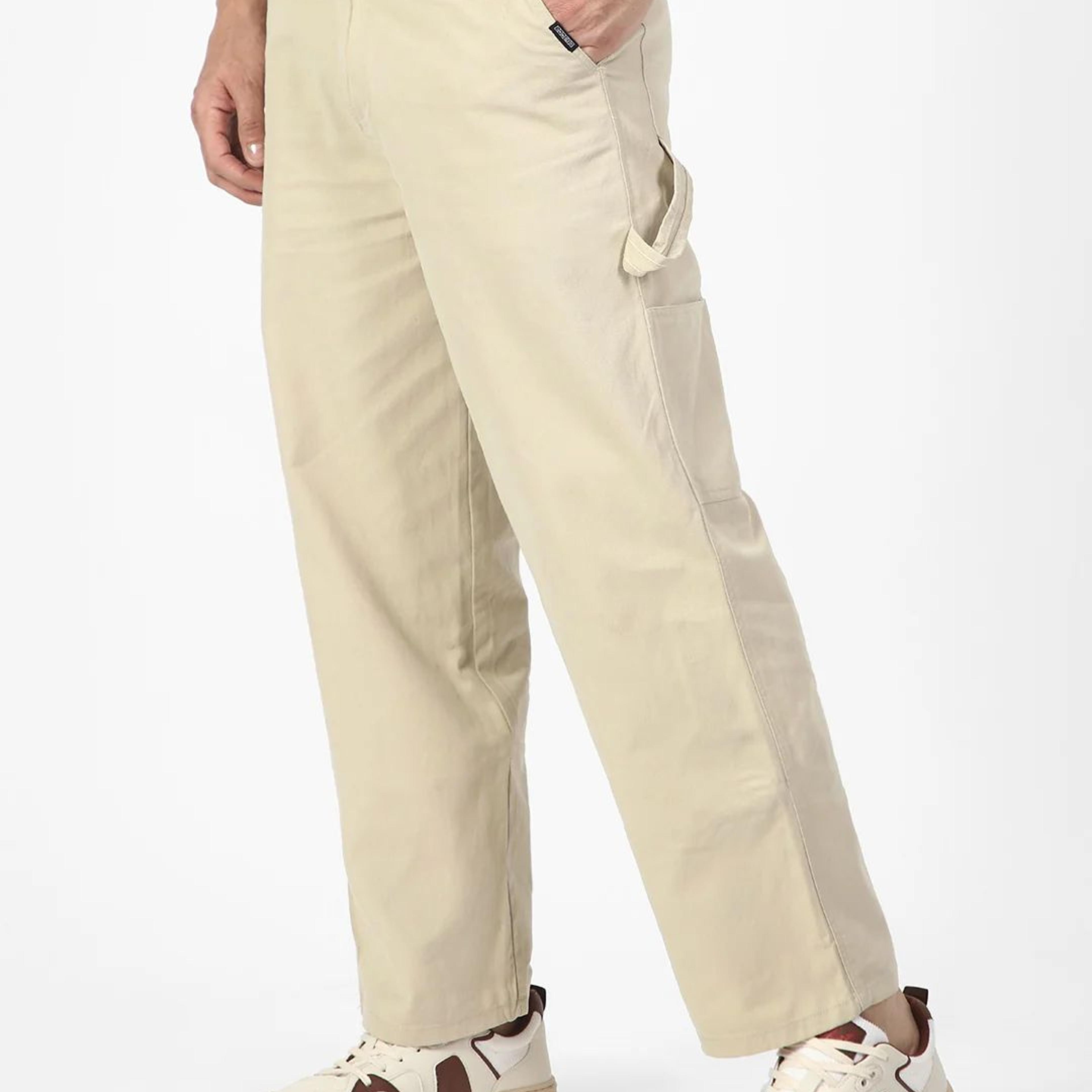 Men's Cream Loose Baggy Fit Solid Carpenter Trouser Pant with 5 Pockets Non-Stretchable