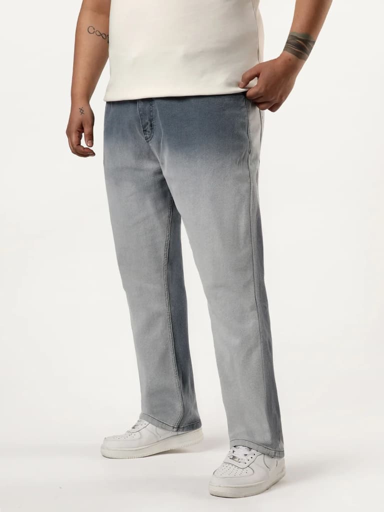 Plus Men's Grey Straight Fit Heavy Washed Faded Denim Jeans Stretchable — photo 2