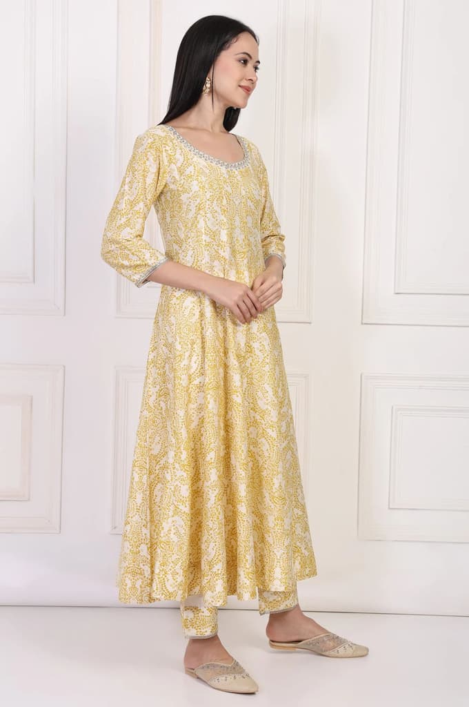 Yellow Paisley Printed Embellished Anarkali Kurta with Straight Pant and Dupatta Set — photo 6