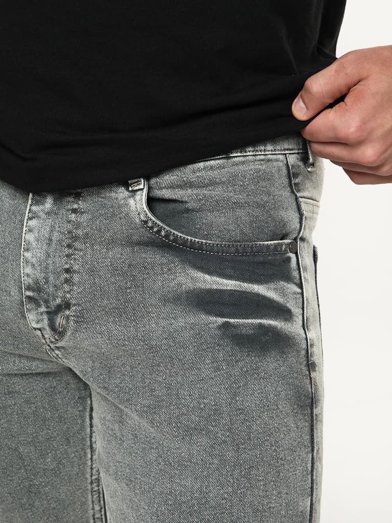 Men's Light Grey Bootcut Fit Mid Rise Acid Wash Jeans Stretchable — photo 5