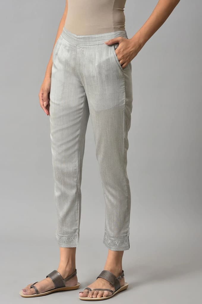 Grey Floral Embroidered Straight Fit Woven Pants With Elasticated Waist — photo 3