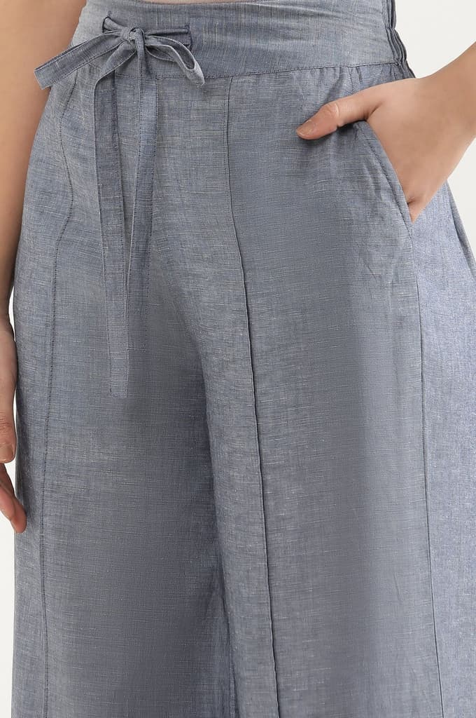 Blue Solid Flared Denim Pants With Tie Detail — photo 7