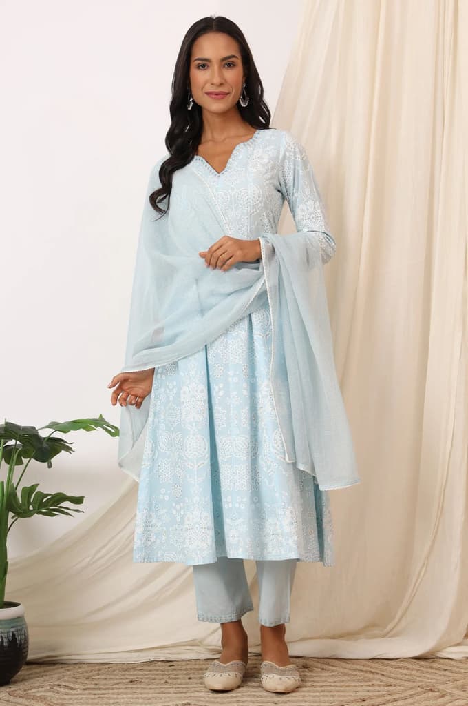 Sky Blue Printed Pure Cotton Anarkali Kurta, Pants and Dupatta Set — photo 3