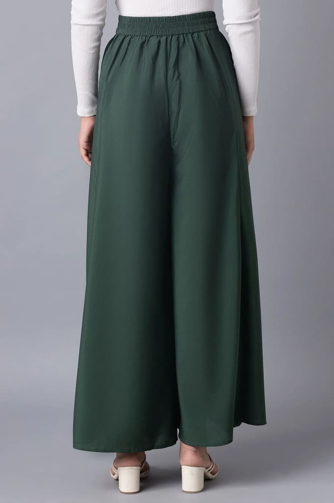 Muted Sage Green Solid Flared Woven Palazzo With Elasticated Waistband — photo 2