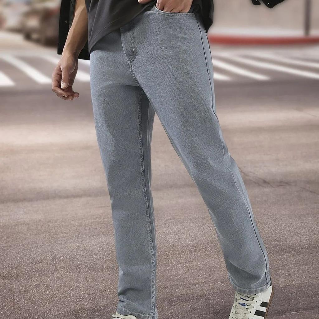 Men's Light Grey Straight Fit Washed Jeans Stretchable