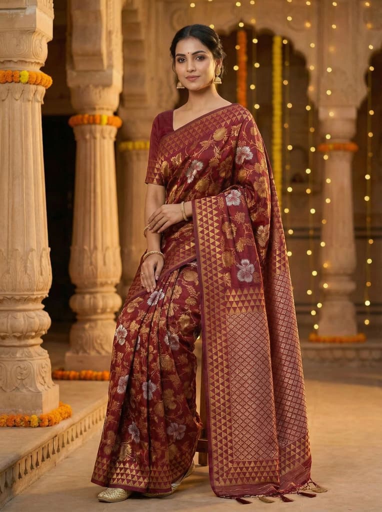 MIMOSA Women's Woven Design Kanjivaram Style Art Silk Saree with Blouse Piece - Maroon ( SA00003152MRFREE ) — photo 4