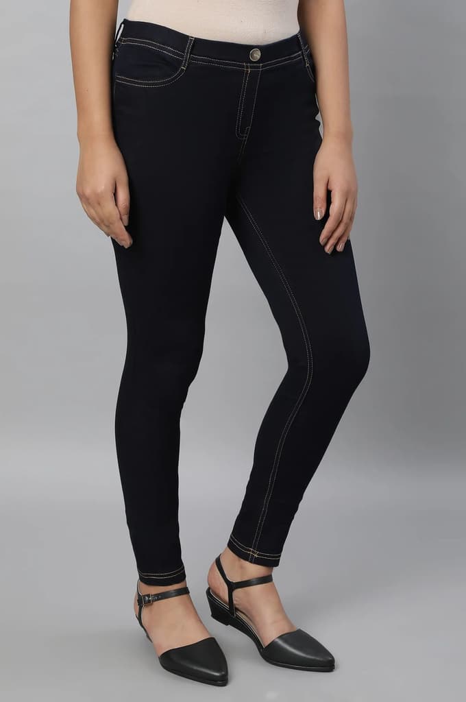 Navy Blue Solid Skinny Fit Denim Jeggings With Slip On Closure — photo 4