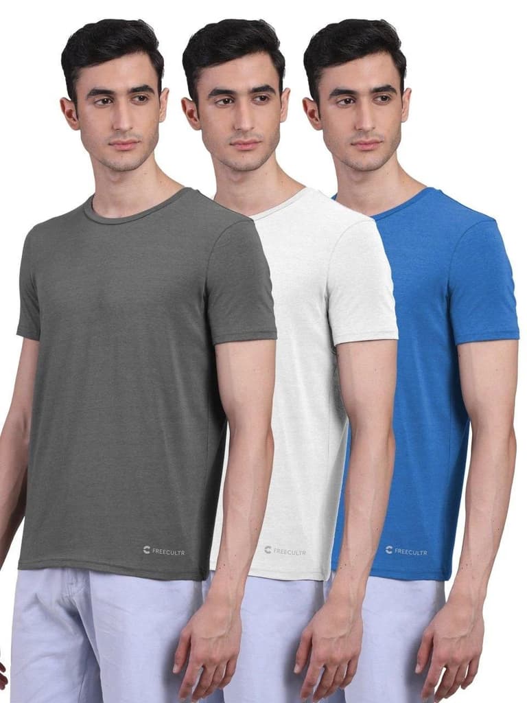 Men's Half Sleeves Bamboo Undershirts (Loungewear & Sleepwear) - Pack of 3 — Iron Charcoal; White; Pilot Blue / S / Men