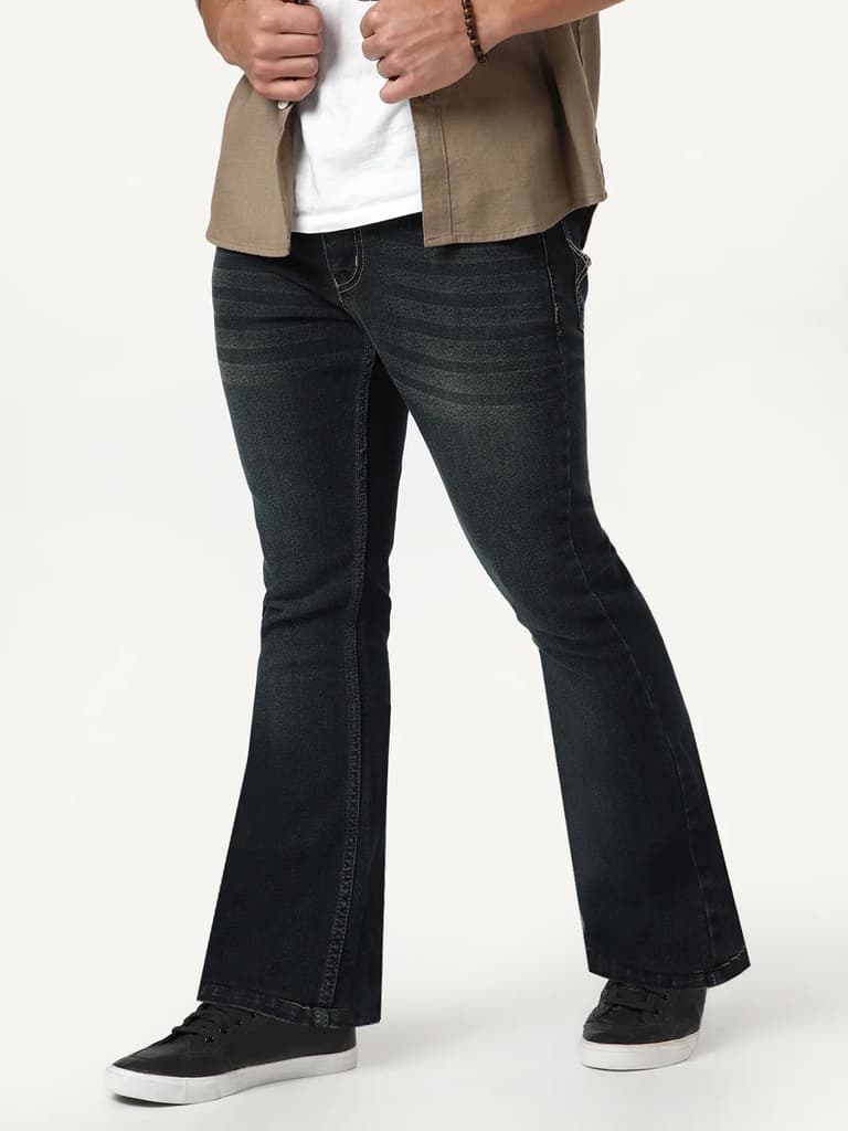 Men's Carbon Blue Bootcut Fit Mid Rise Heavy Washed Jeans Stretchable — photo 2