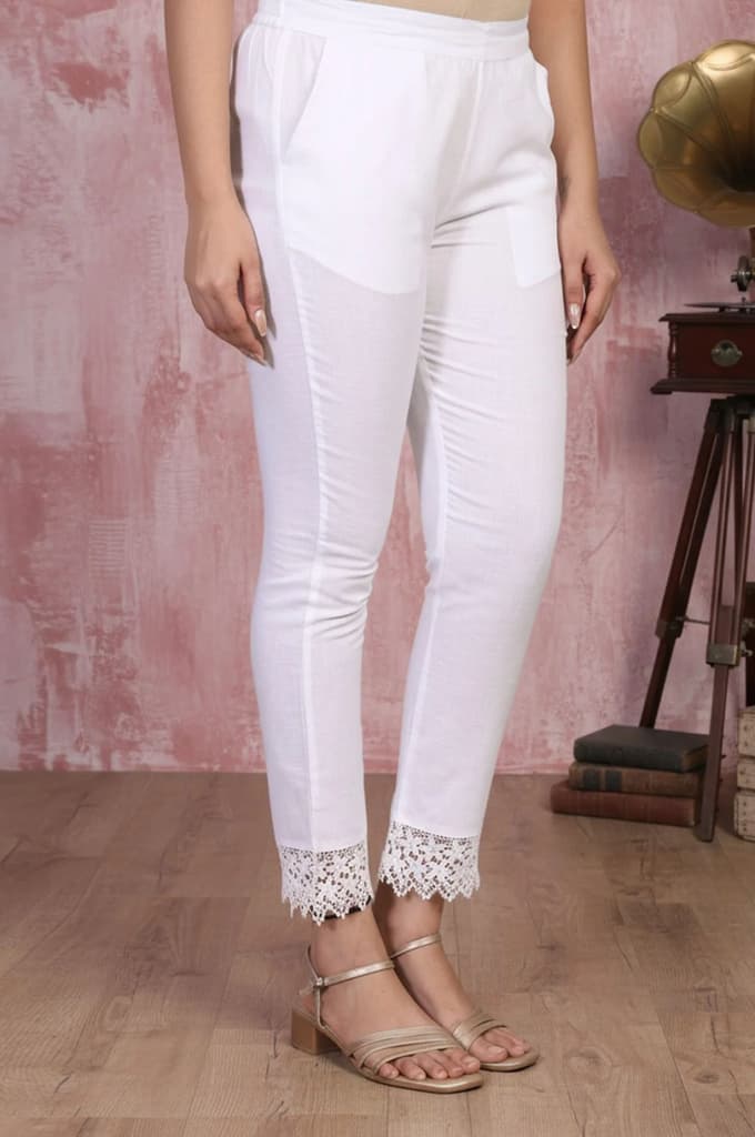 White Lace Trim Slim-Fit Cotton Pant — photo 3