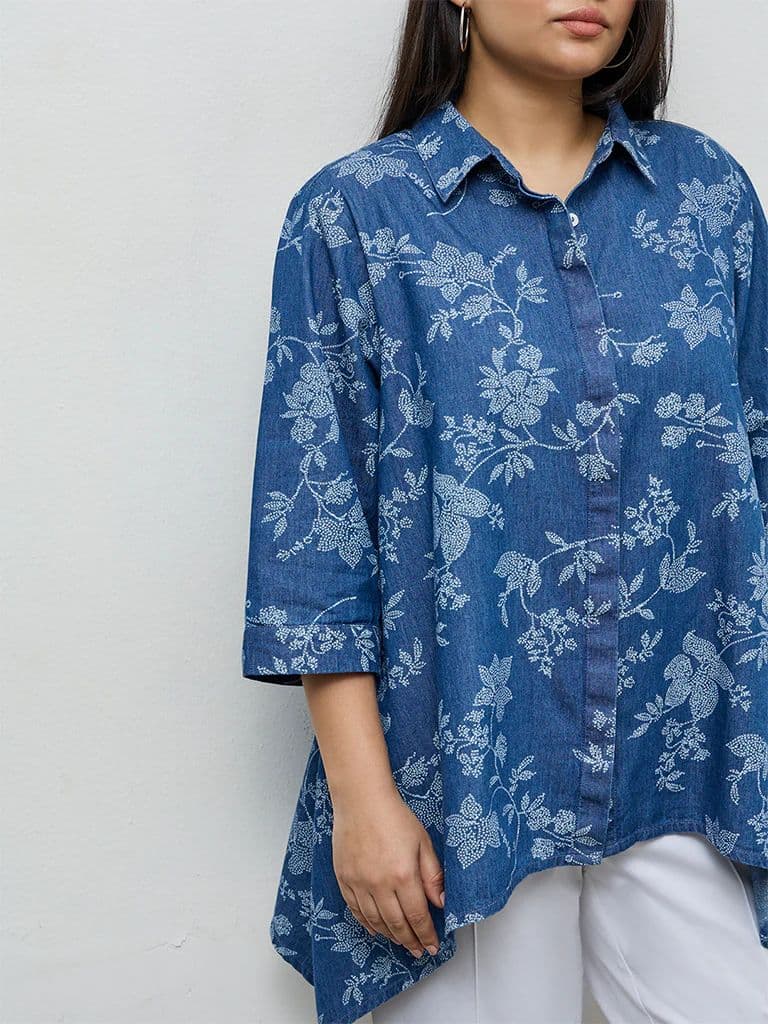 Diza Blue Floral Printed Denim Tunic — photo 3
