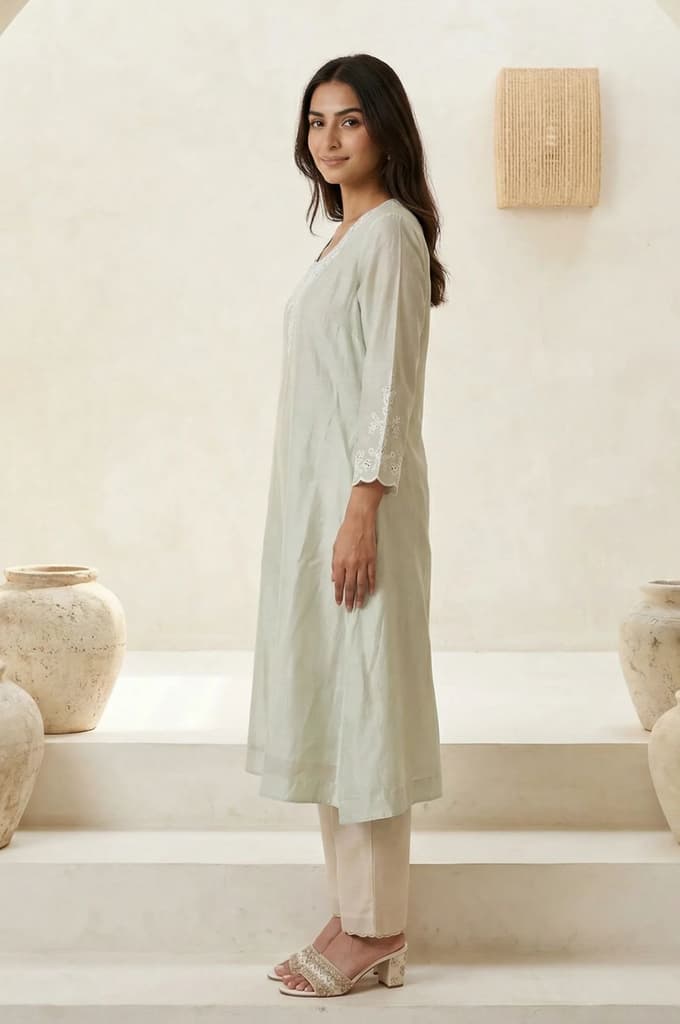 Sea Green Embroidered Pearl Work Cotton Blend A-line Kurta — photo 3