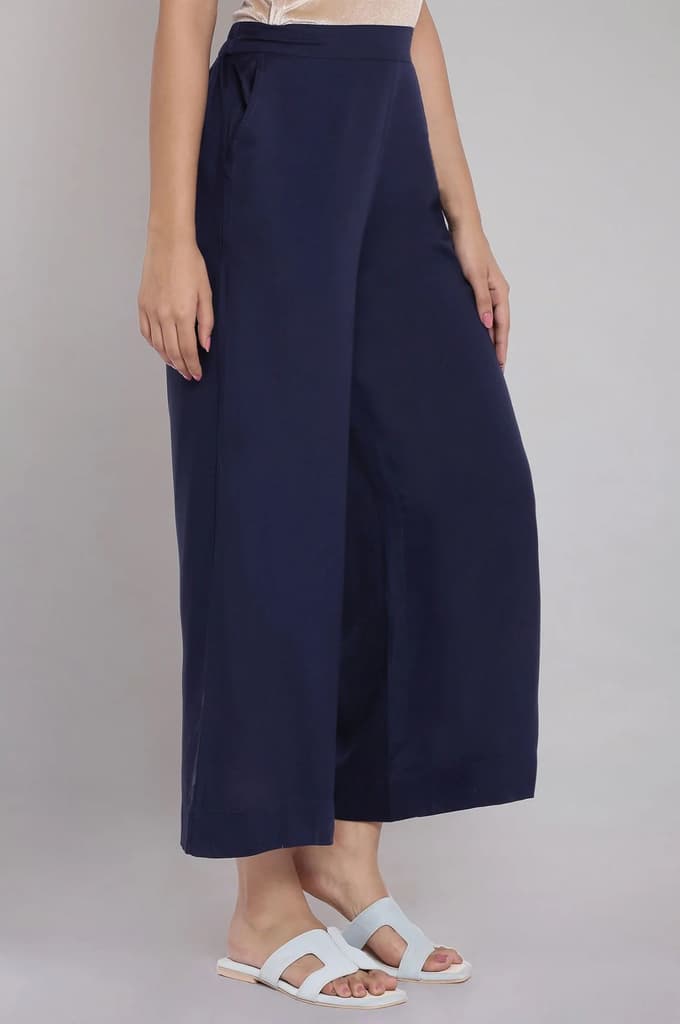 Navy Blue Solid Straight Fit Tencel Palazzo With Elasticated Waist — photo 4