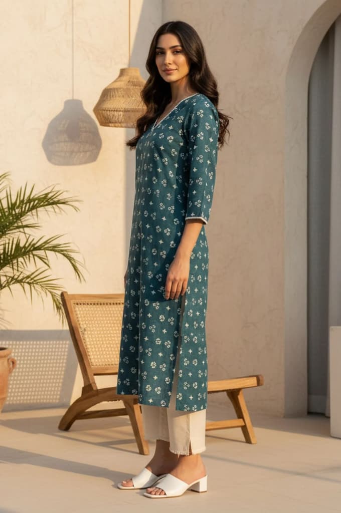 Teal Green Geometric Printed Lace Pure Cotton Straight Kurta — photo 3