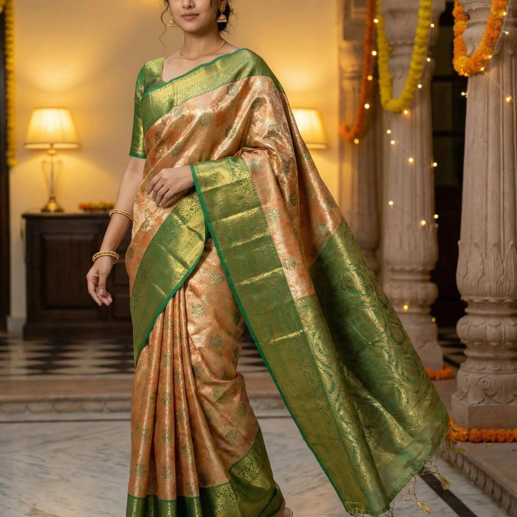 MIMOSA Women's Woven Design Kanjivaram Style Tissue Art Silk Saree with Blouse Piece - Orange ( SA00002922ORFREE )