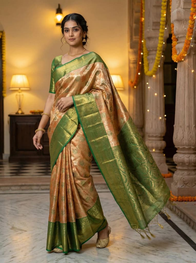 MIMOSA Women's Woven Design Kanjivaram Style Tissue Art Silk Saree with Blouse Piece - Orange ( SA00002922ORFREE ) — Default Title