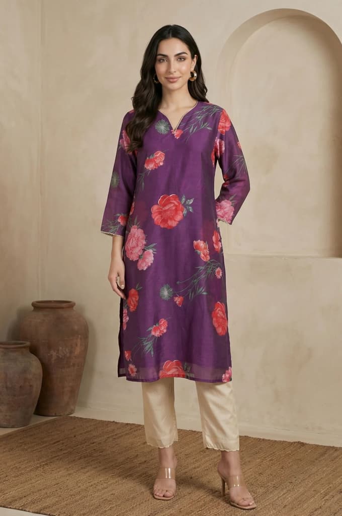 Purple Floral Printed Chanderi Straight Kurta