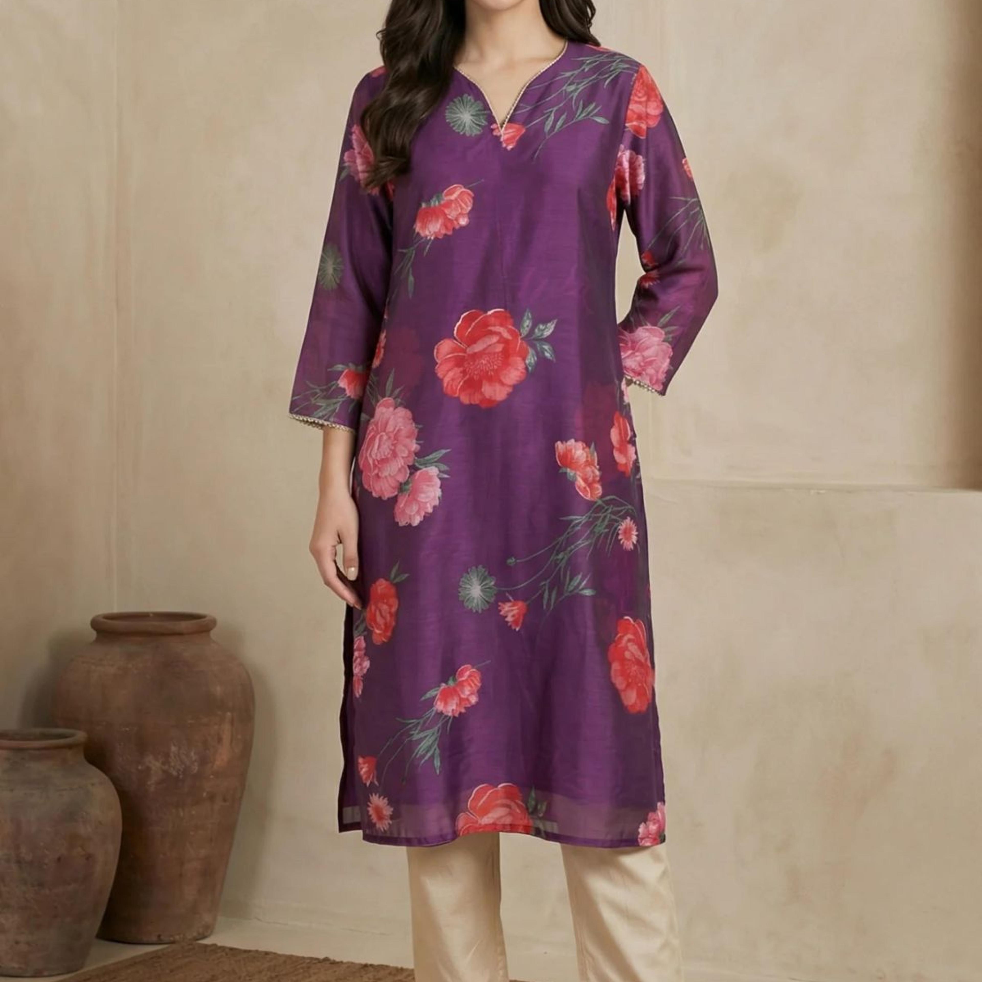 Purple Floral Printed Chanderi Straight Kurta