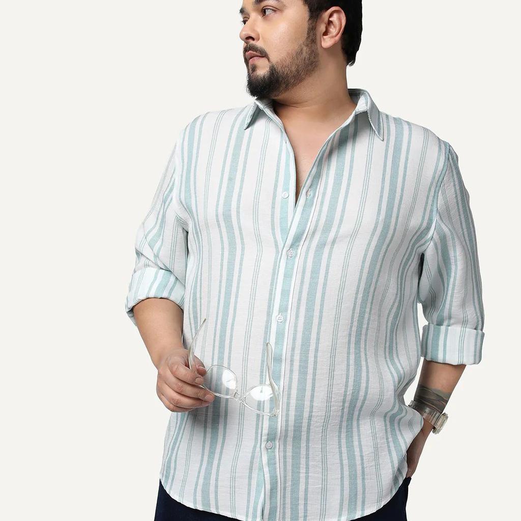 Plus Men's Light Blue Cotton Full Sleeve Relaxed Fit Linen Striped Shirt with Spread Collar