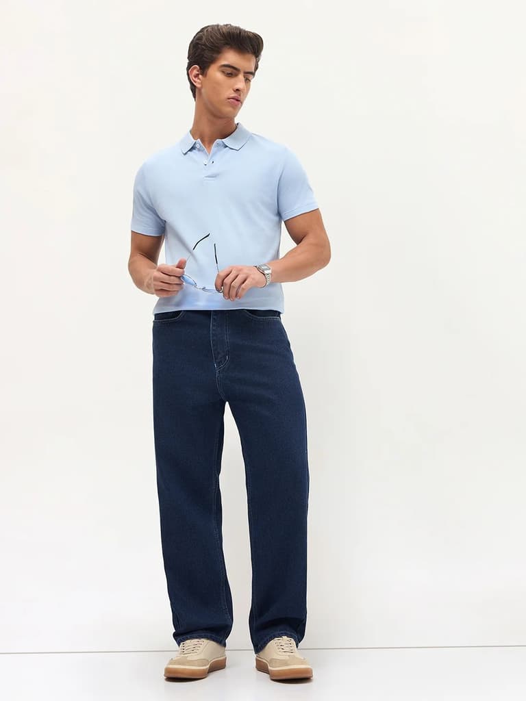 Men's Blue Loose Baggy Fit Raw Washed Denim Jeans Non-Stretchable — photo 5