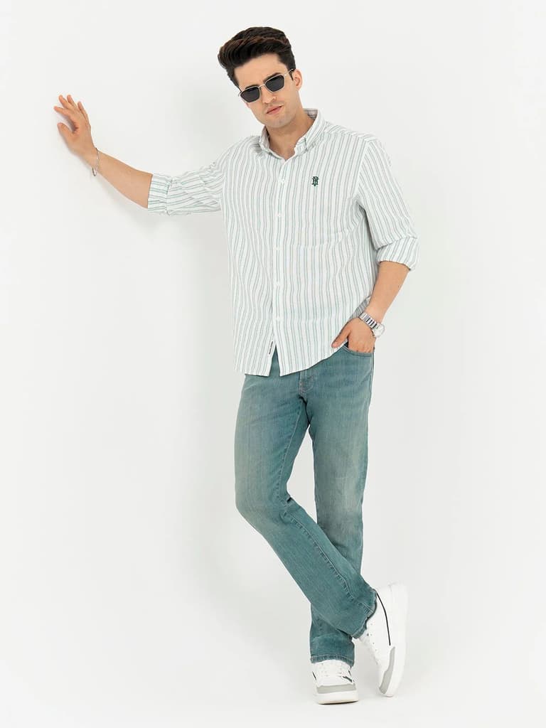 Shirts for Men in White and Green | Striped Full Sleeve Casual Shirt — photo 5