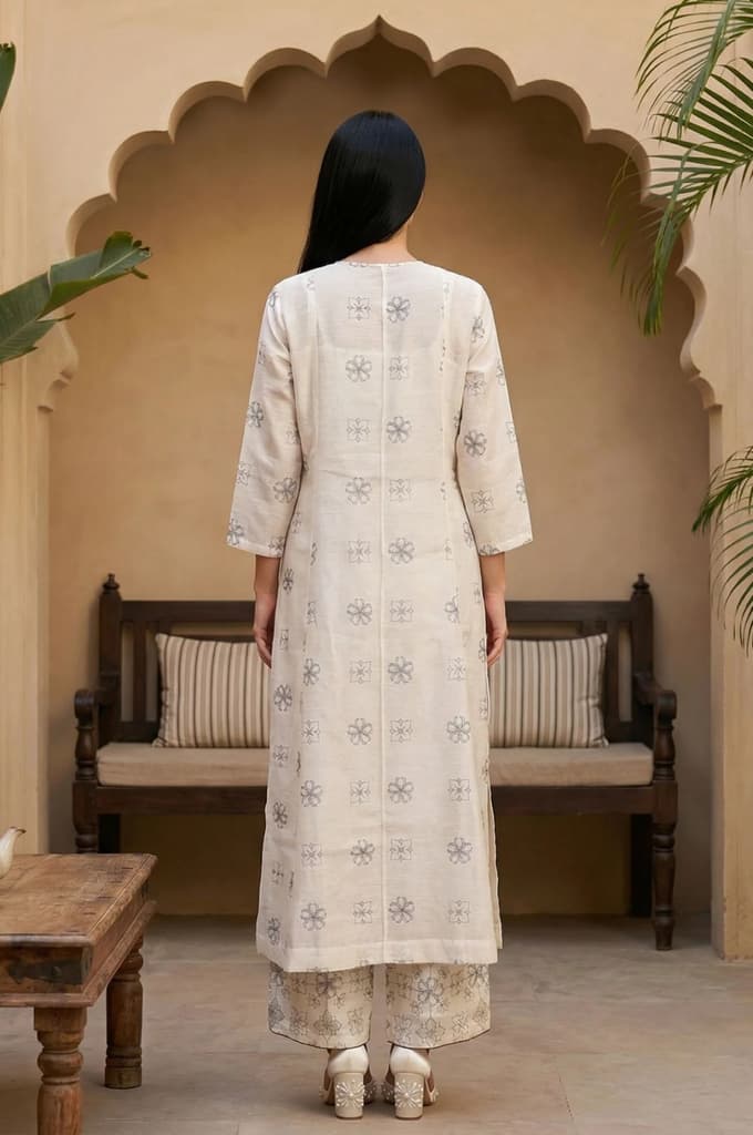 Off White Floral Printed Buttons Straight Top with Pants and Jacket Set — photo 5