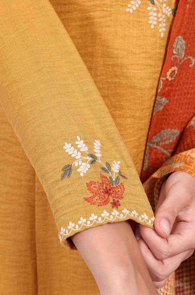 Mustard Floral Embroidered Straight Kurta with Straight Pant and Dupatta Set — photo 7