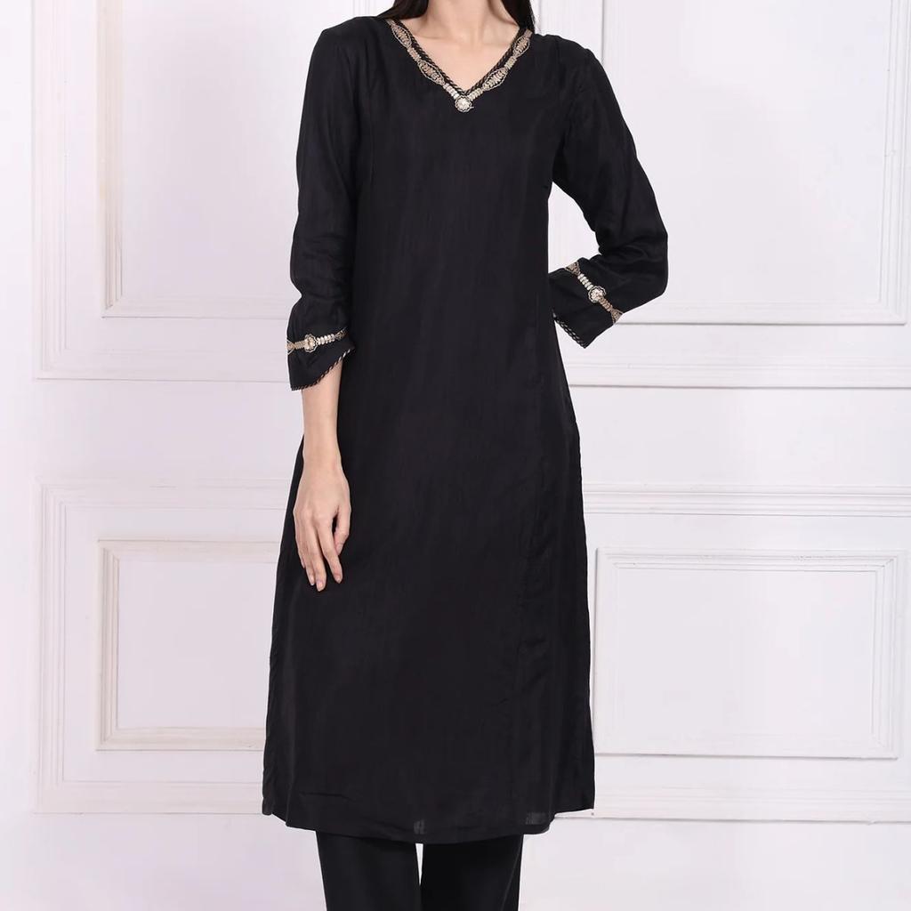 Black Embroidered Straight Kurta with Straight Pant and Dupatta Set