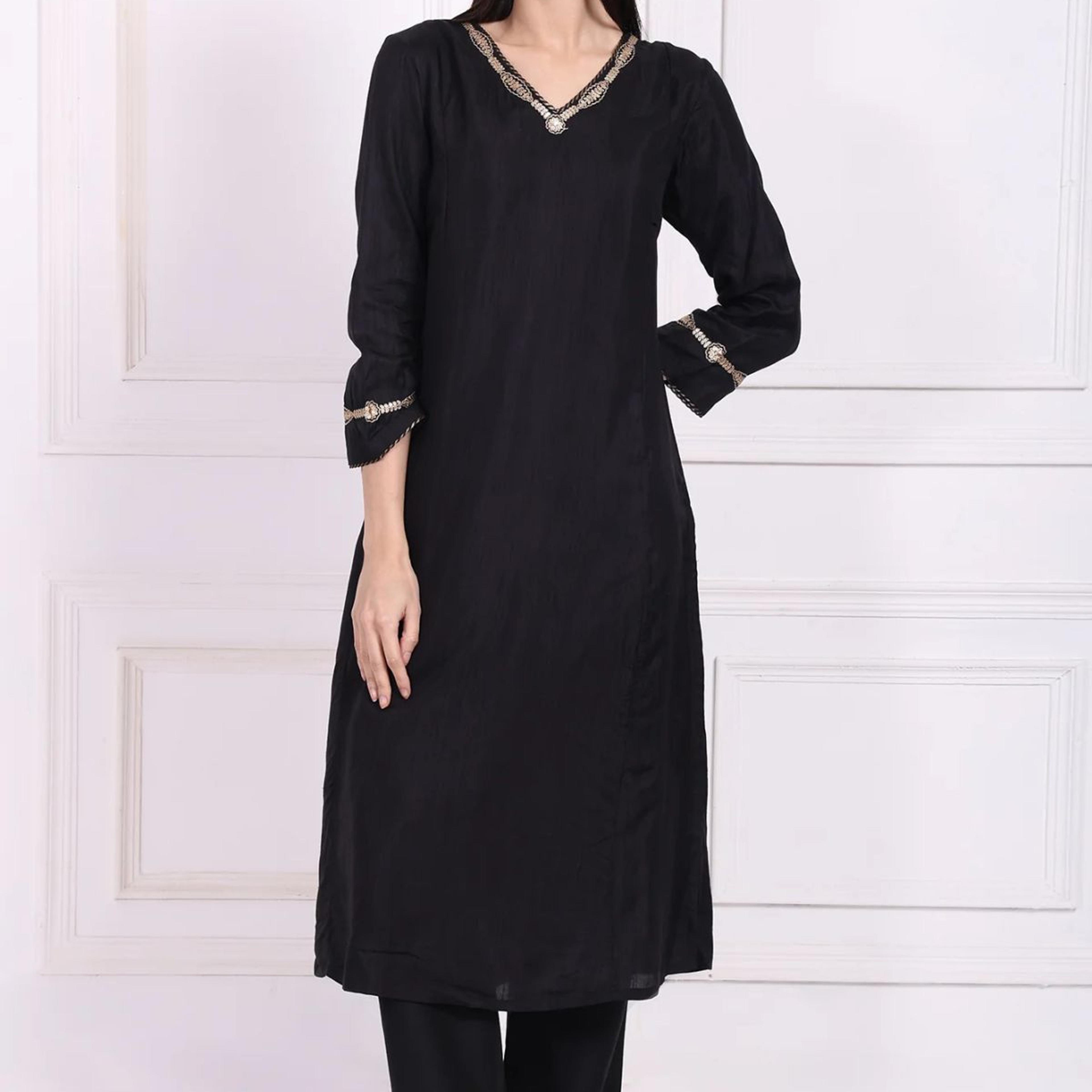 Black Embroidered Straight Kurta with Straight Pant and Dupatta Set