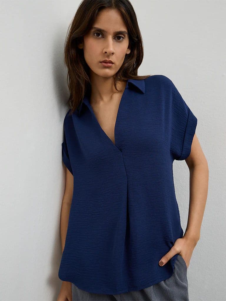 Wardrobe Navy Crinkle-Textured Blouse — photo 2