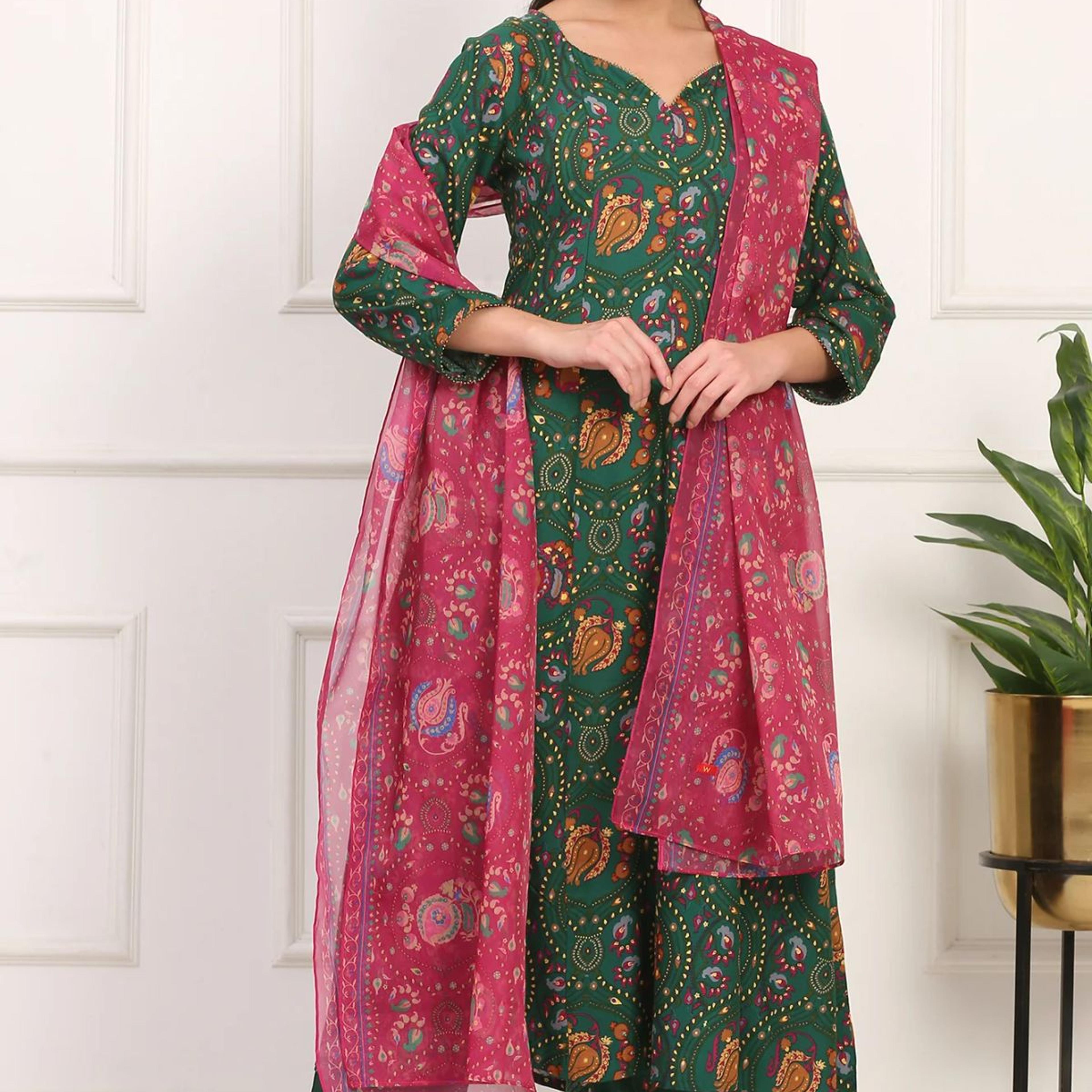 Dark Green Floral Printed Flared Chanderi Kurta, Straight Pant and Dupatta Co-ord Set