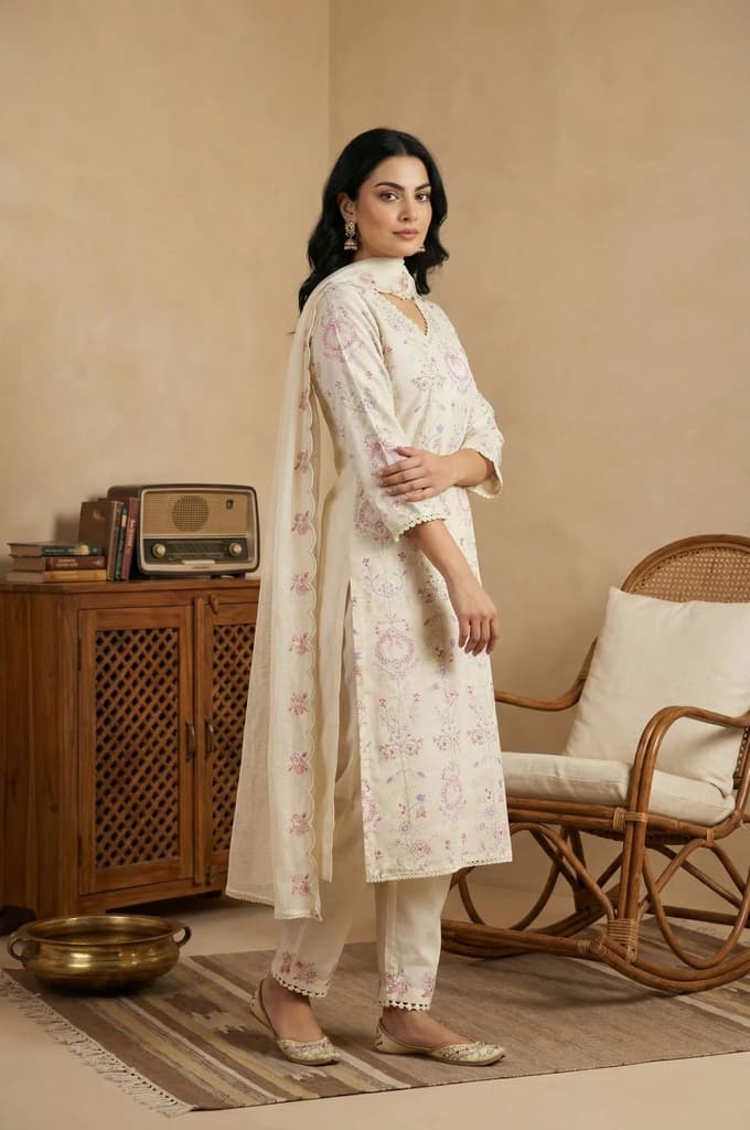 Off White Chikankari Pure Cotton Straight Kurta with Pants and Dupatta Set — photo 4