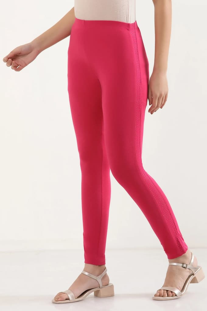 Pink Solid Skinny Cotton Tights With Elasticated Waistband — photo 2