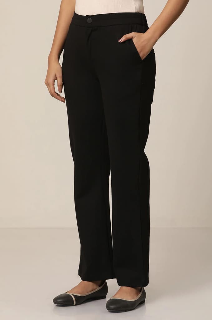 Black Solid Straight Fit Pants With Elasticated Waist — photo 3