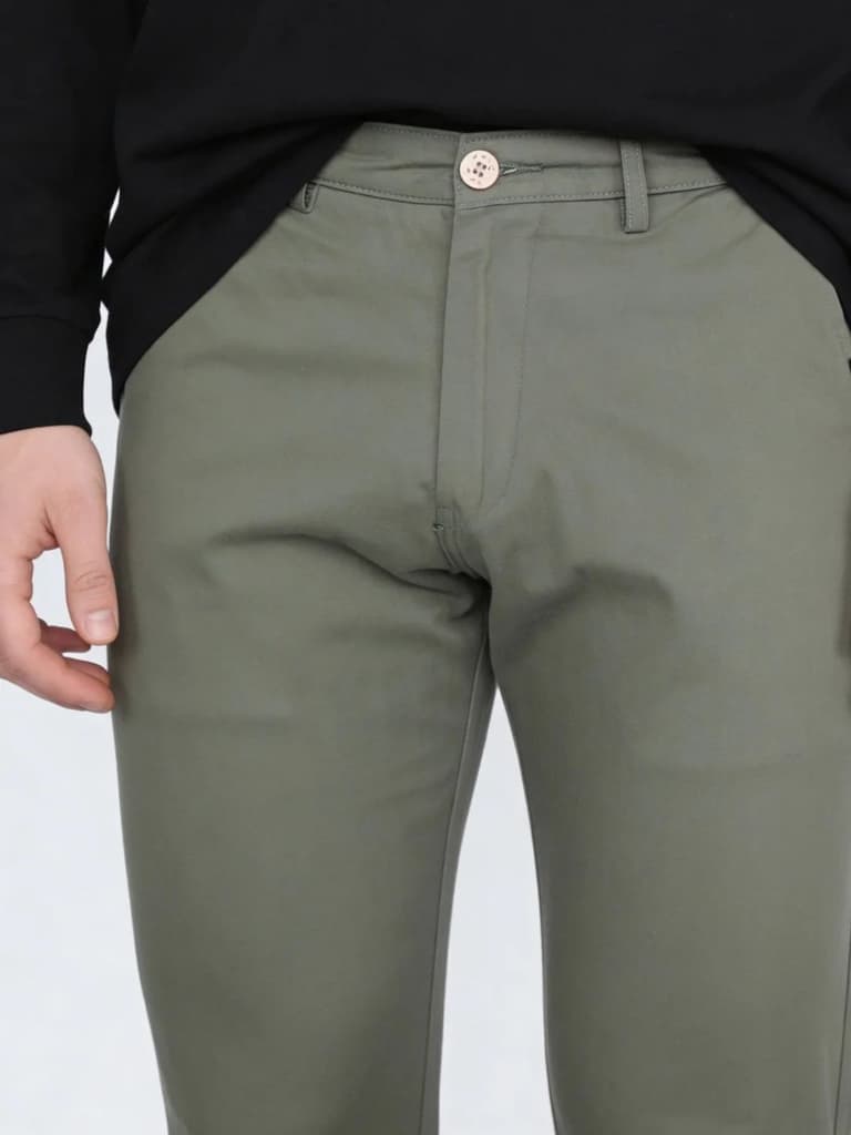 Men's Sage Green Straight Fit Mid Rise Cotton Casual Chinos Trousers Stretch — photo 5