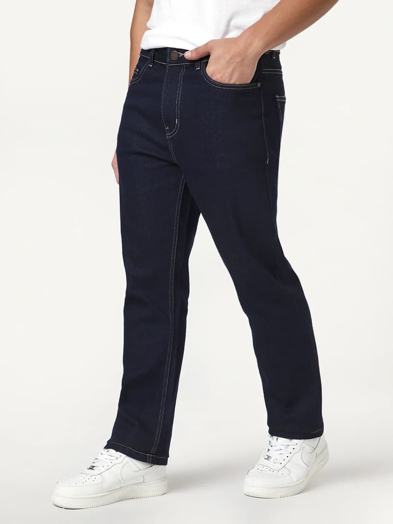 Men's Dark Blue Straight Fit Raw Washed Denim Jeans Stretchable — photo 3