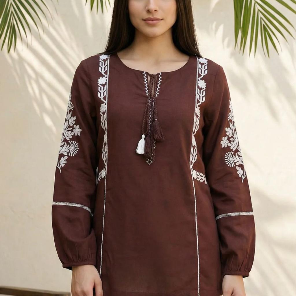 Brown Floral Embroidered Straight Top