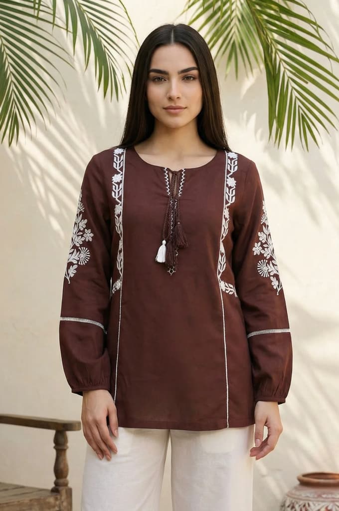 Brown Floral Embroidered Straight Top — XS