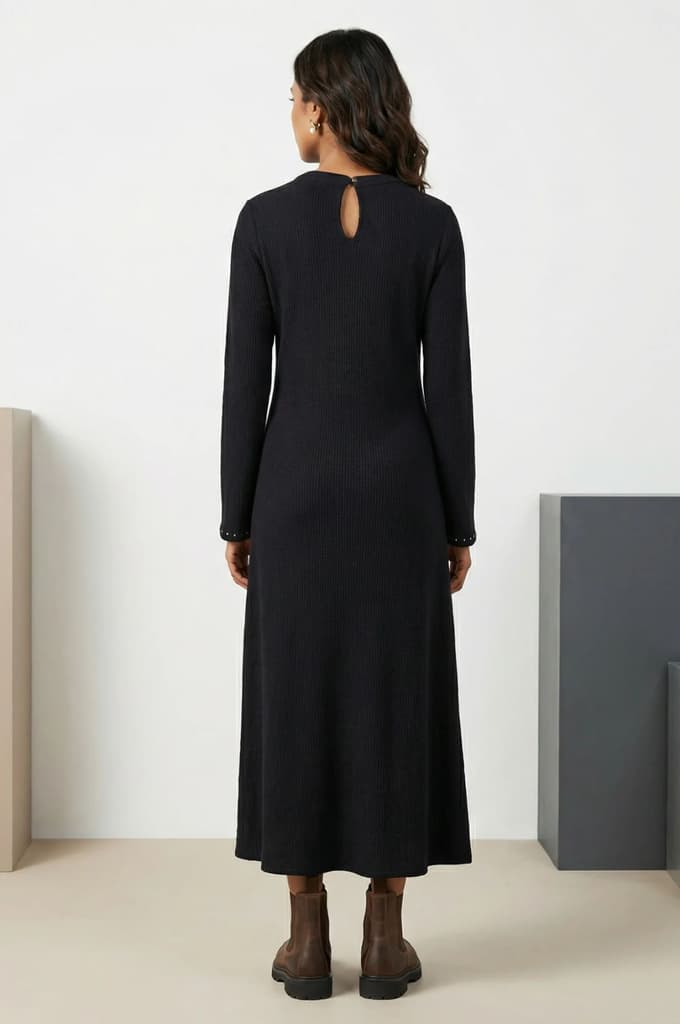 Black Yarn Dyed Embroidered Rayon Blend A-line Winter Dress — photo 4